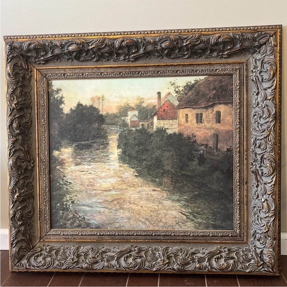 Frits Thaulow - Village On The Bank Of A Stream - Framed Reproduction Print